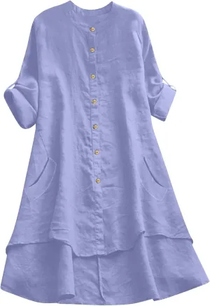 Womens Button Down Shirt Dresses with Pockets Cotton Button Up Tunics Long Sleeve Solid High Low Blouse Tops