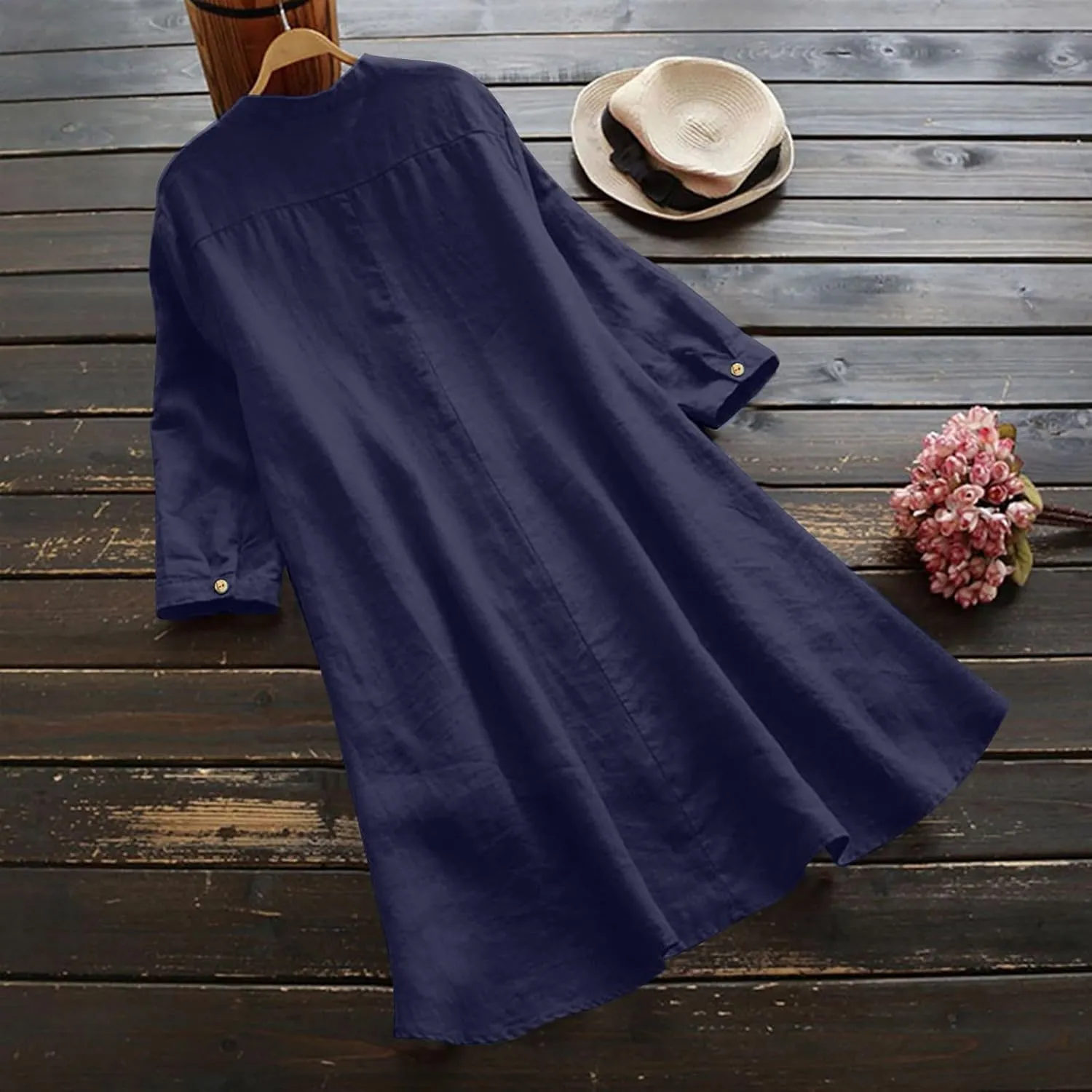 Womens Button Down Shirt Dresses with Pockets Cotton Button Up Tunics Long Sleeve Solid High Low Blouse Tops