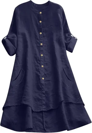 Womens Button Down Shirt Dresses with Pockets Cotton Button Up Tunics Long Sleeve Solid High Low Blouse Tops