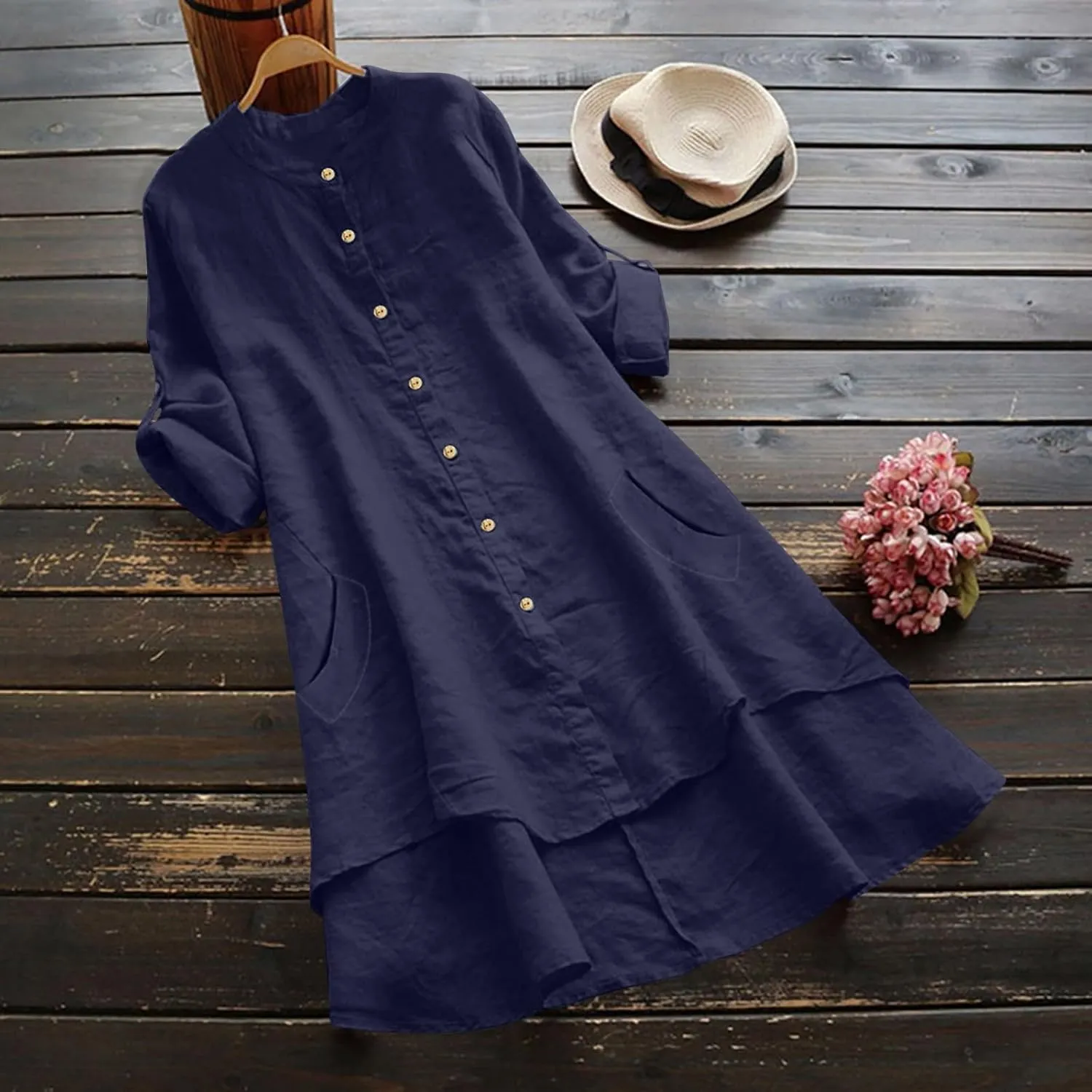 Womens Button Down Shirt Dresses with Pockets Cotton Button Up Tunics Long Sleeve Solid High Low Blouse Tops