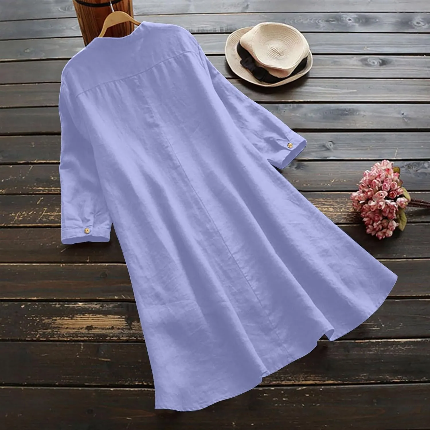 Womens Button Down Shirt Dresses with Pockets Cotton Button Up Tunics Long Sleeve Solid High Low Blouse Tops