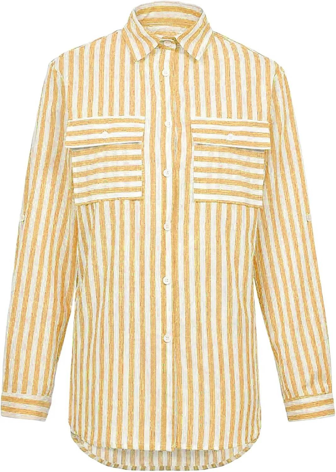 Womens Button Down Shirts Summer Linen V Neck Collared Stripes Casual Long Sleeve Blouses Tops with Pocket