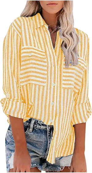 Womens Button Down Shirts Summer Linen V Neck Collared Stripes Casual Long Sleeve Blouses Tops with Pocket
