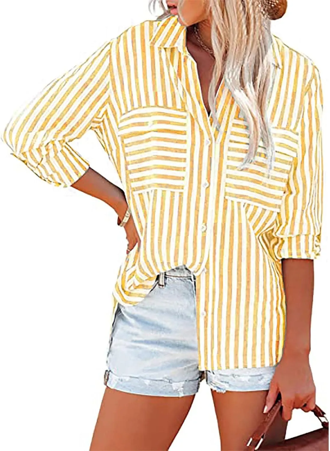 Womens Button Down Shirts Summer Linen V Neck Collared Stripes Casual Long Sleeve Blouses Tops with Pocket