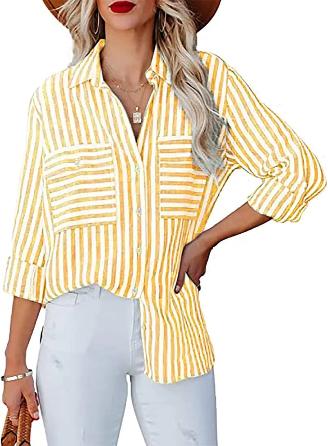 Womens Button Down Shirts Summer Linen V Neck Collared Stripes Casual Long Sleeve Blouses Tops with Pocket