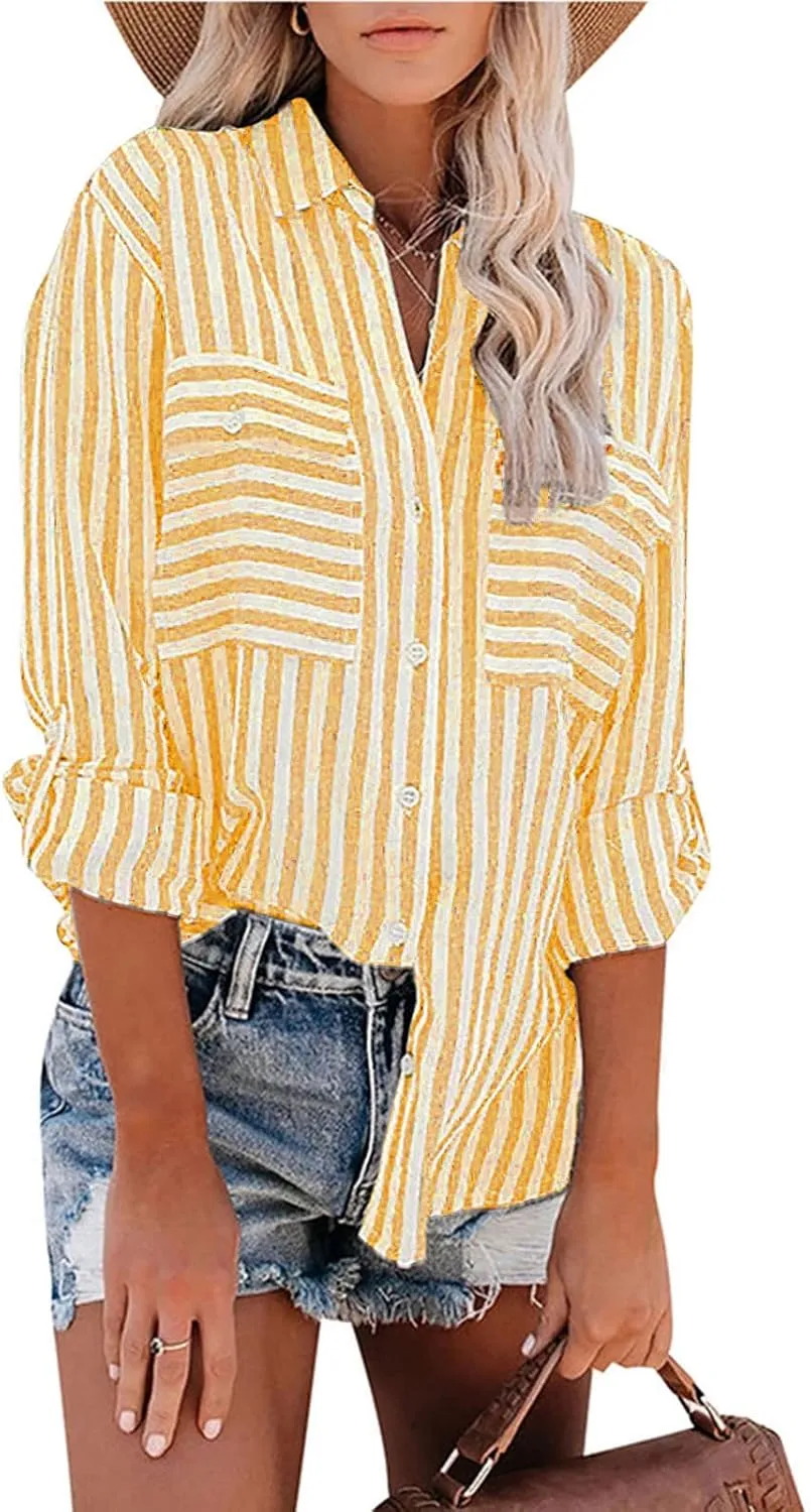 Womens Button Down Shirts Summer Linen V Neck Collared Stripes Casual Long Sleeve Blouses Tops with Pocket