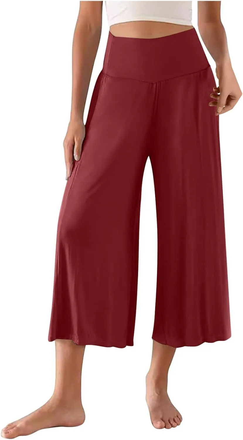 Womens Capris Wide Leg Yoga Pants High Waisted Summer Pants Cropped Lounge Pants Tummy Control Flowy Pants Boho Pants