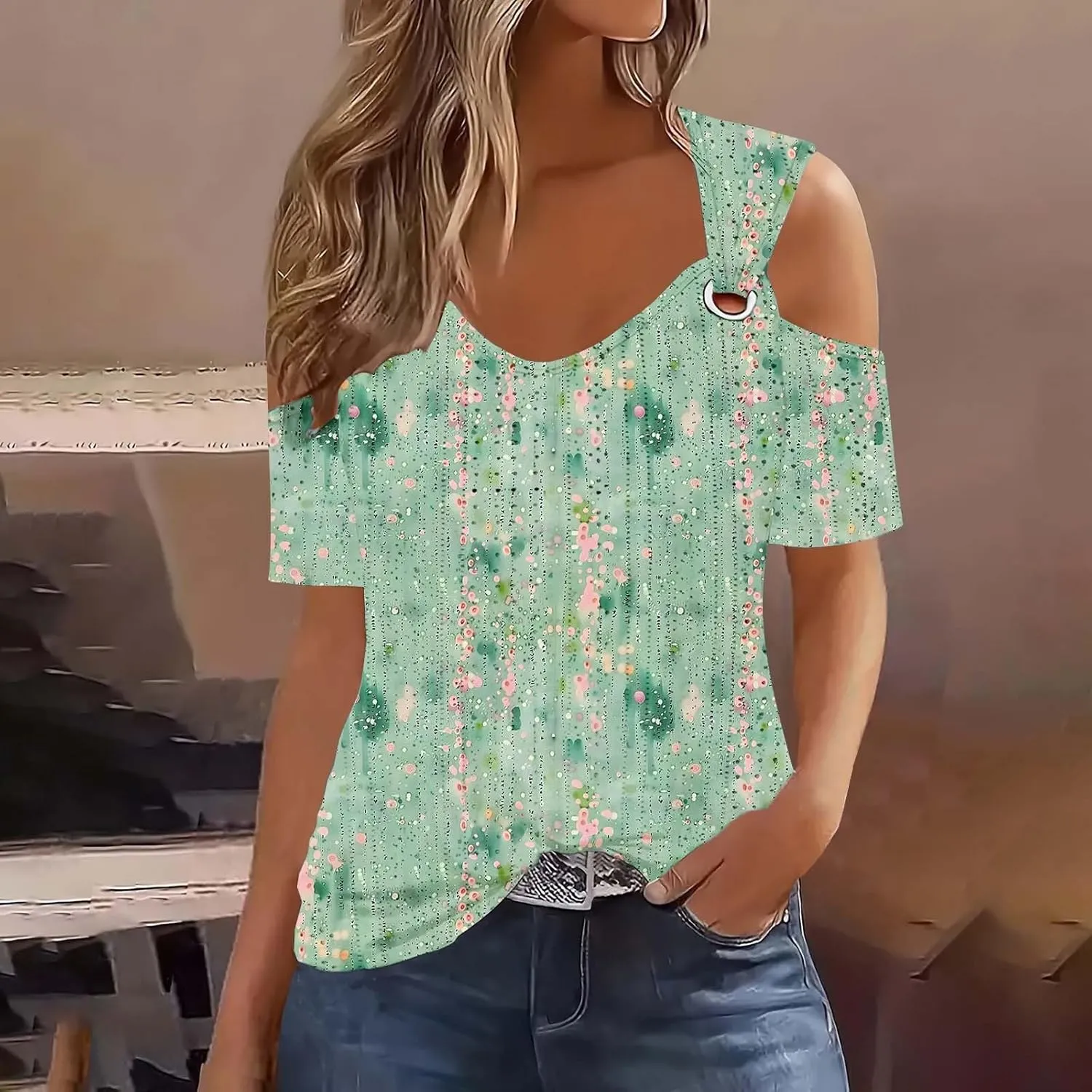Womens Cold Shoulder Eyelet Tops V Neck Short Sleeve Floral Shirts Boho Summer Tshirt Casual Dressy Trendy Blouses