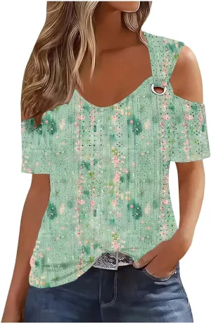 Womens Cold Shoulder Eyelet Tops V Neck Short Sleeve Floral Shirts Boho Summer Tshirt Casual Dressy Trendy Blouses