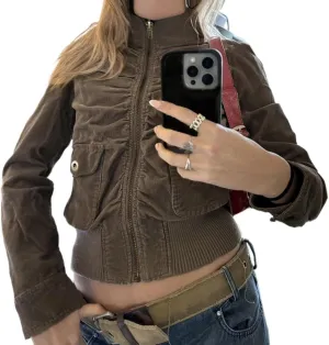 Womens Corduroy Jacket Y2k Stand Collar Cropped Shacket with Ribbed Trim Slim Fit Utility Jacket Outerwear