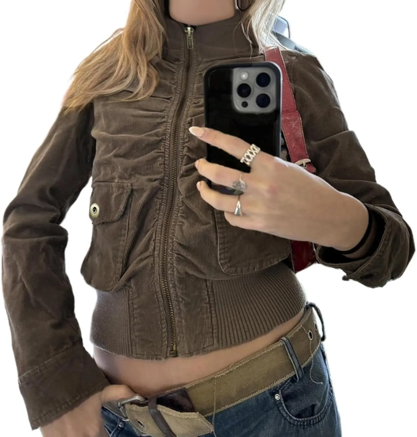 Womens Corduroy Jacket Y2k Stand Collar Cropped Shacket with Ribbed Trim Slim Fit Utility Jacket Outerwear