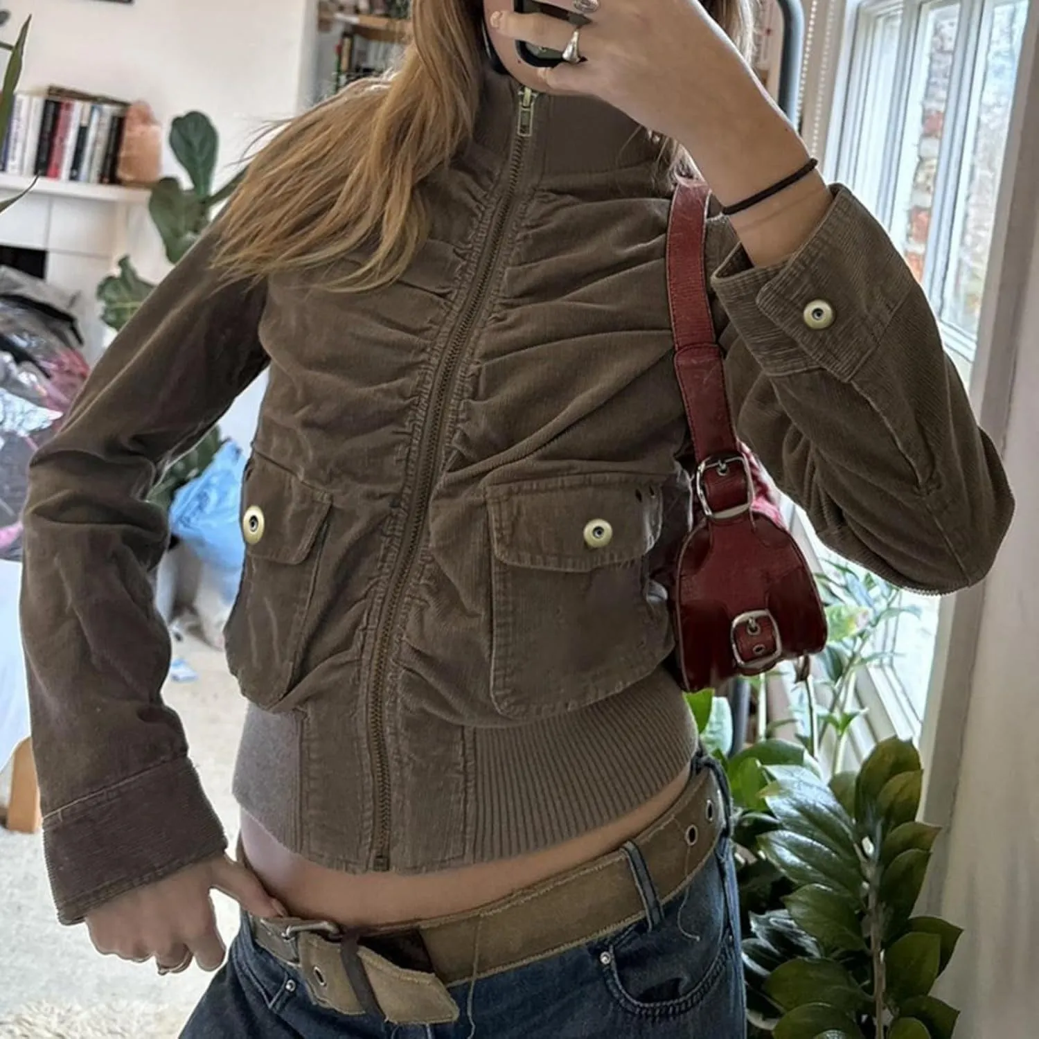 Womens Corduroy Jacket Y2k Stand Collar Cropped Shacket with Ribbed Trim Slim Fit Utility Jacket Outerwear