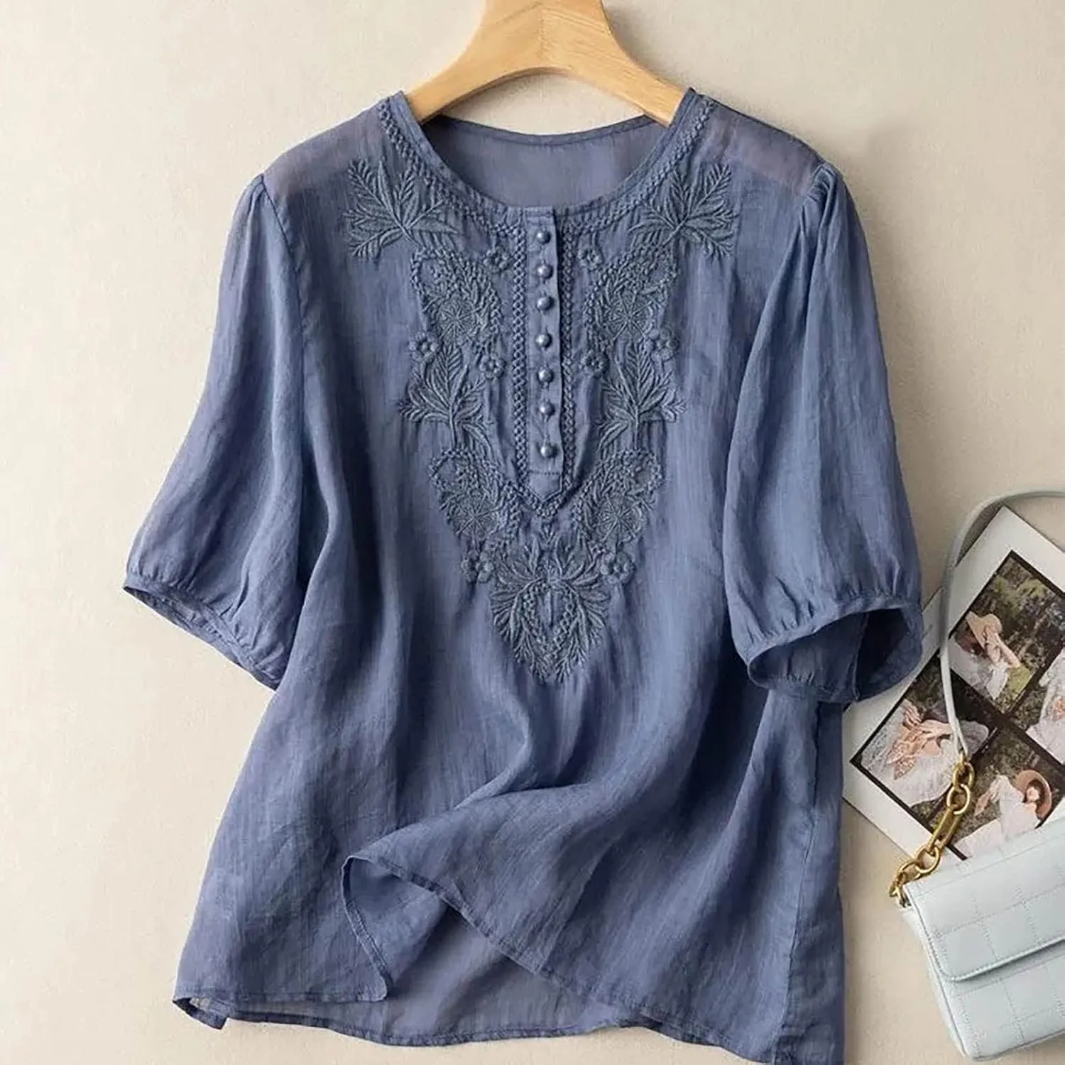 Women's Cotton Linen Button 3/4 Sleeve Shirts Summer Loose Crew Neck Casual Boho Tops Vintage Embroidered Tee Blouses