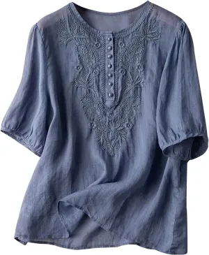Women's Cotton Linen Button 3/4 Sleeve Shirts Summer Loose Crew Neck Casual Boho Tops Vintage Embroidered Tee Blouses