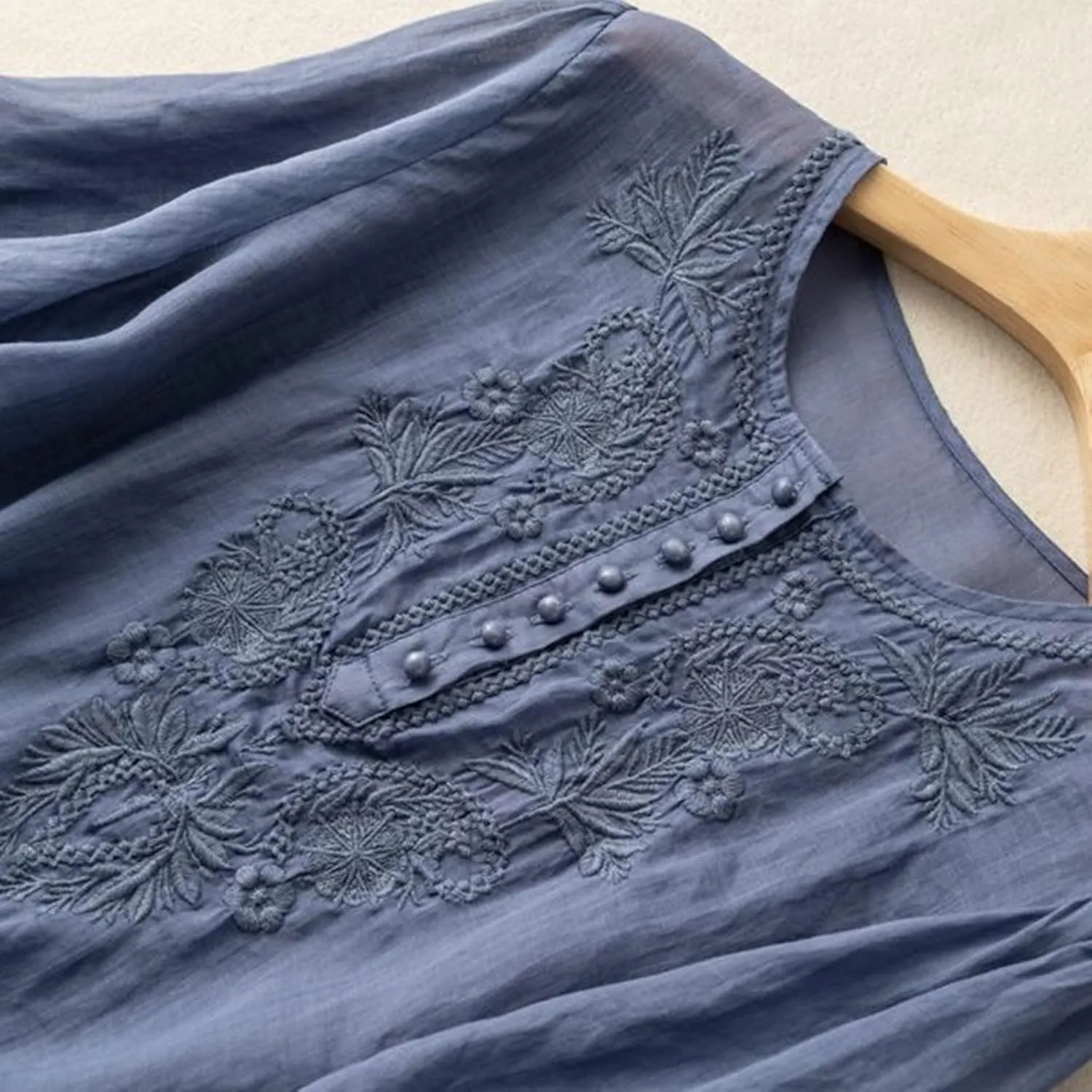 Women's Cotton Linen Button 3/4 Sleeve Shirts Summer Loose Crew Neck Casual Boho Tops Vintage Embroidered Tee Blouses