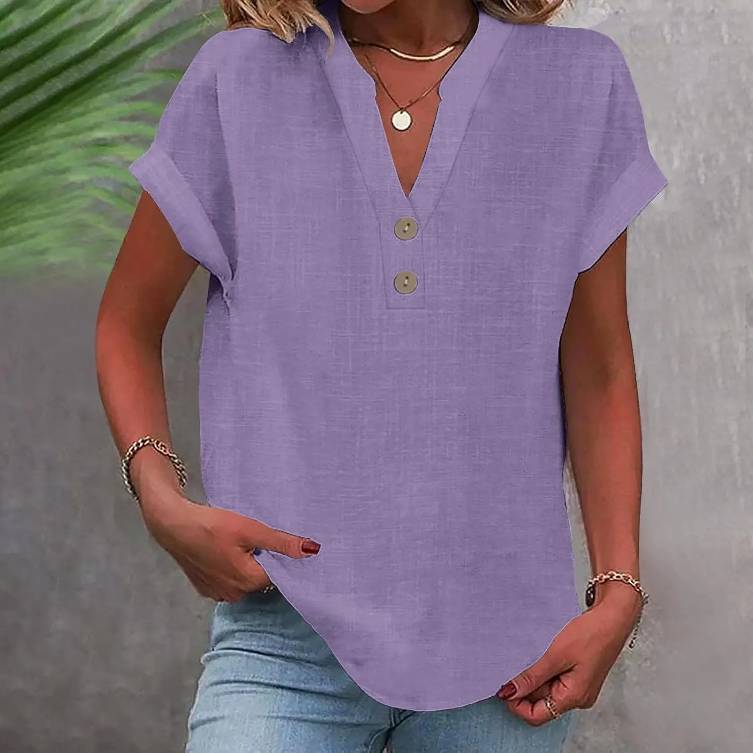 Womens Cotton Linen Shirts Button V Neck T Shirts Rolled Short Sleeve Tops Casual Summer Blouses Tshirt Shirts