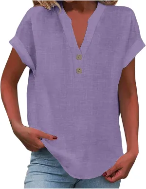 Womens Cotton Linen Shirts Button V Neck T Shirts Rolled Short Sleeve Tops Casual Summer Blouses Tshirt Shirts