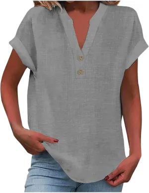 Womens Cotton Linen Shirts Button V Neck T Shirts Rolled Short Sleeve Tops Casual Summer Blouses Tshirt Shirts