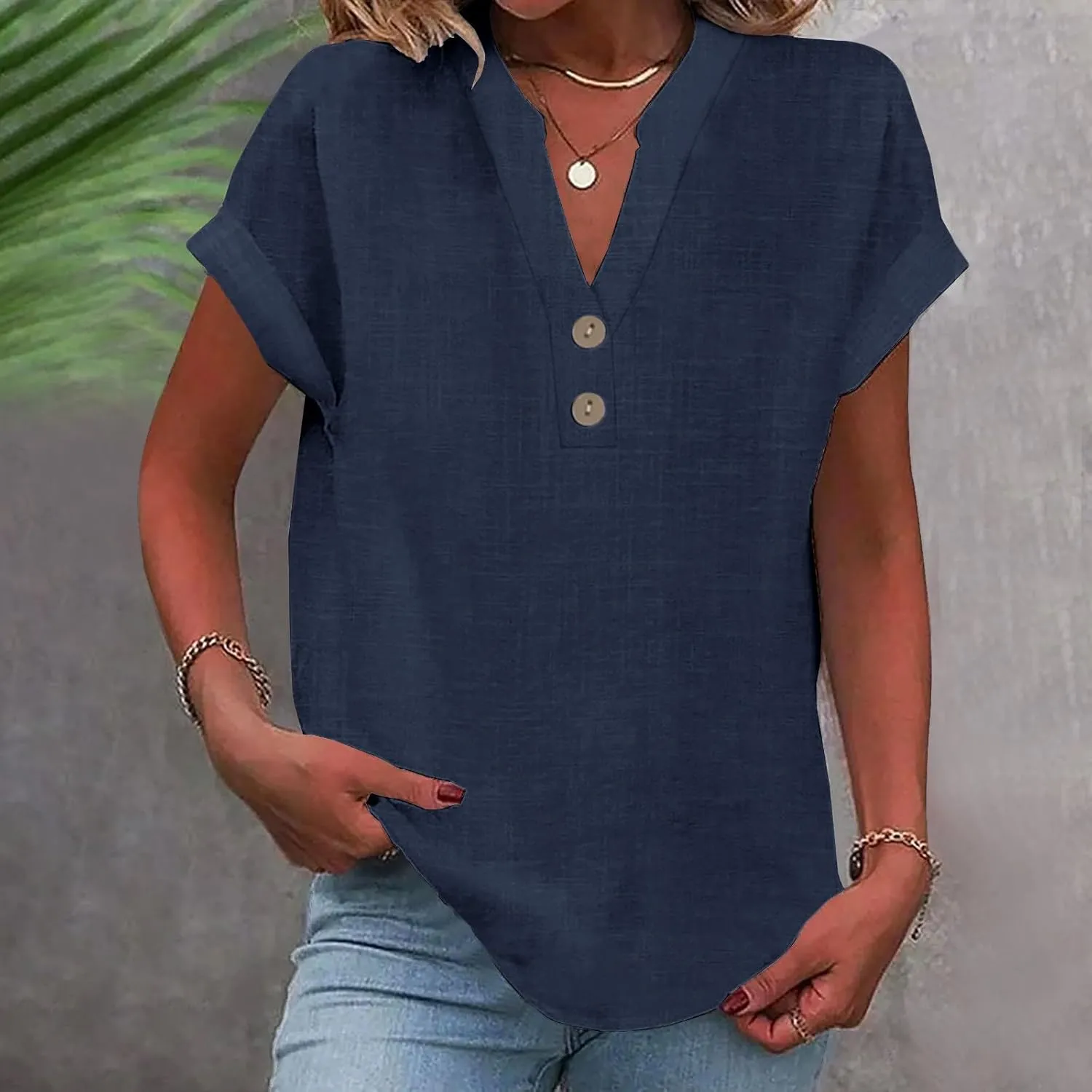 Womens Cotton Linen Shirts Button V Neck T Shirts Rolled Short Sleeve Tops Casual Summer Blouses Tshirt Shirts