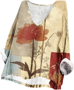Women's Cotton Linen Shirts Easter V Neck 3/4 Sleeve Spring Soft Tunic Tops Summer Plus Size Boho Blouses 2025 S-5X