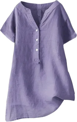 Womens Cotton Linen Shirts Solid Color 3/4 Sleeve Tunic Tops Oversized Tshirts for Women Casual V Neck Dressy Blouses