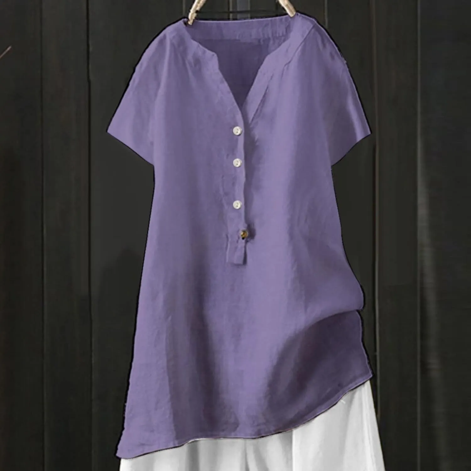 Womens Cotton Linen Shirts Solid Color 3/4 Sleeve Tunic Tops Oversized Tshirts for Women Casual V Neck Dressy Blouses