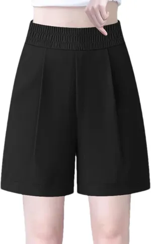 Womens Cotton Linen Shorts Casual Solid Wide Leg Shorts Comfy Elastic High Waisted Shorts Summer Beach Shorts