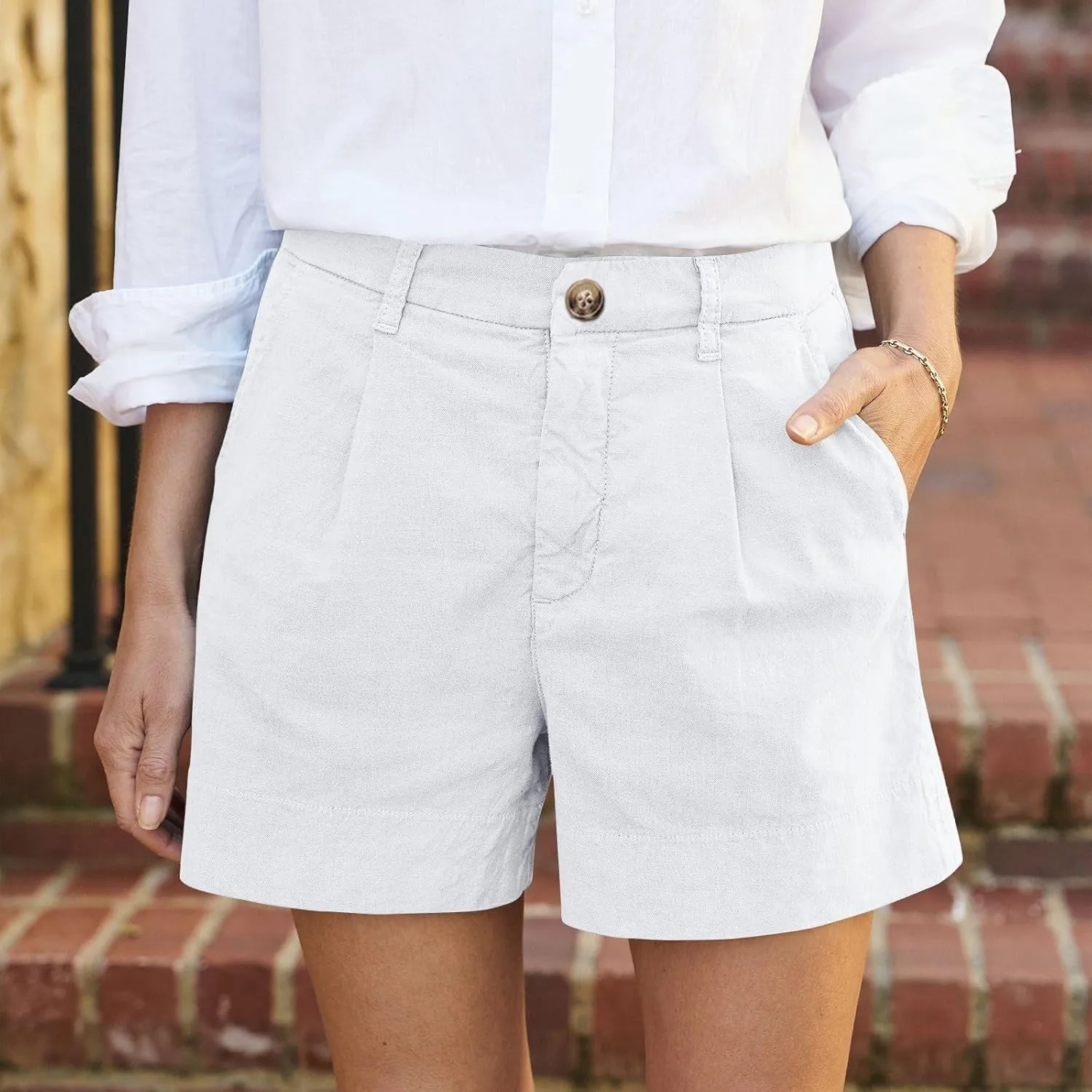 Womens Cotton Linen Shorts Summer Chino Shorts High Waisted Bermuda Shorts Dressy Wide Leg Shorts with Pockets