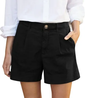 Womens Cotton Linen Shorts Summer Chino Shorts High Waisted Bermuda Shorts Dressy Wide Leg Shorts with Pockets
