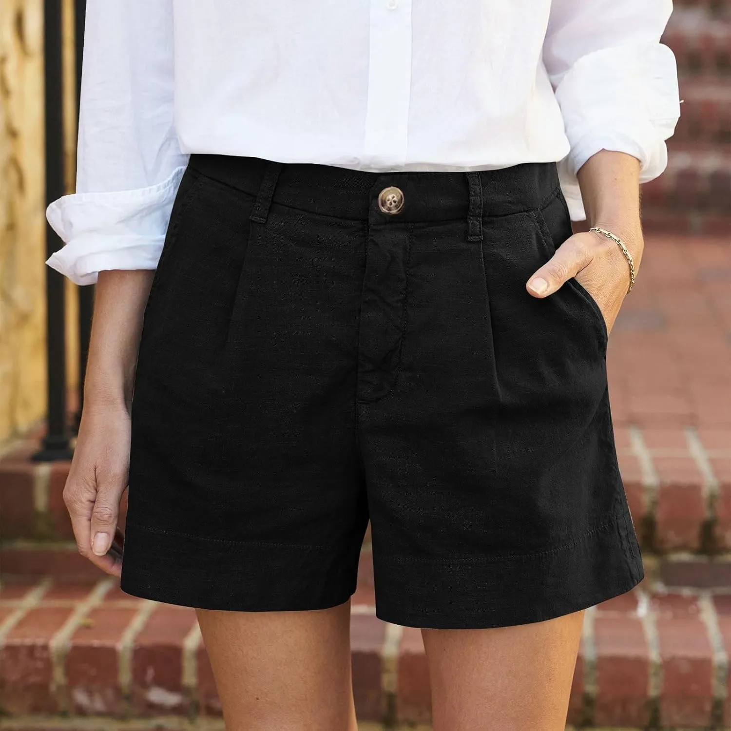 Womens Cotton Linen Shorts Summer Chino Shorts High Waisted Bermuda Shorts Dressy Wide Leg Shorts with Pockets