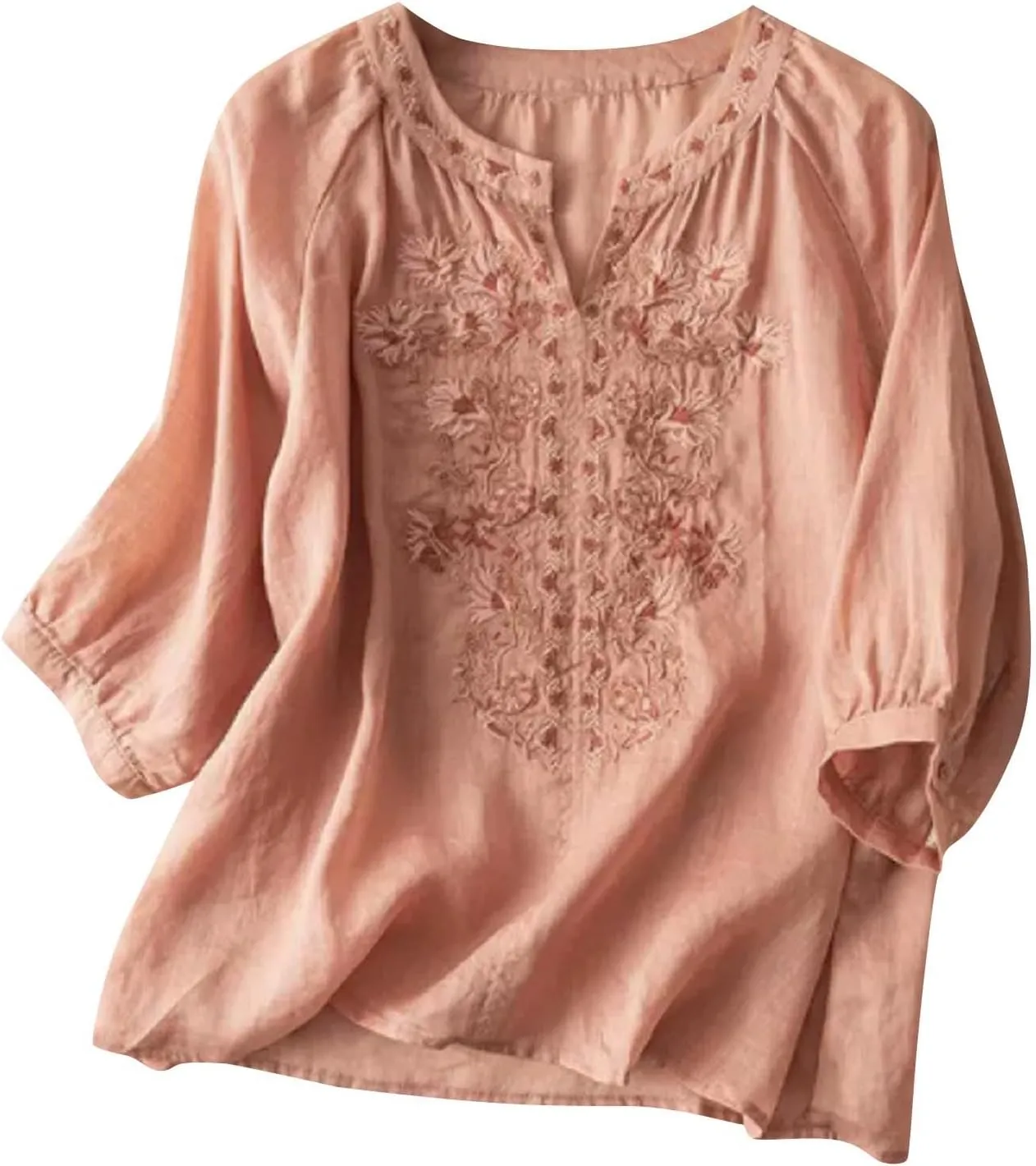 Women's Cotton Linen Summer Button 3/4 Sleeve Shirts Summer Crew Neck Casual Boho Top Vintage Embroidery Blouse Tops