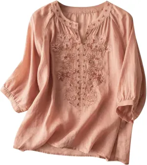 Women's Cotton Linen Summer Button 3/4 Sleeve Shirts Summer Crew Neck Casual Boho Top Vintage Embroidery Blouse Tops