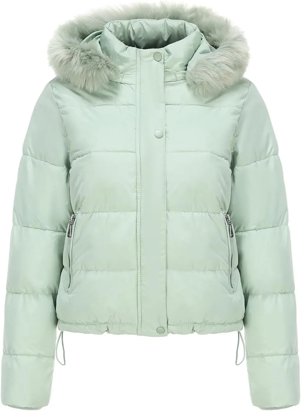 Women's Crop Puffer Jacket Warm Thickened Zip Up Down Jacket Quilted Parkas Faux Fur Removable Hood Outerwear Pockets