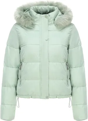 Women's Crop Puffer Jacket Warm Thickened Zip Up Down Jacket Quilted Parkas Faux Fur Removable Hood Outerwear Pockets