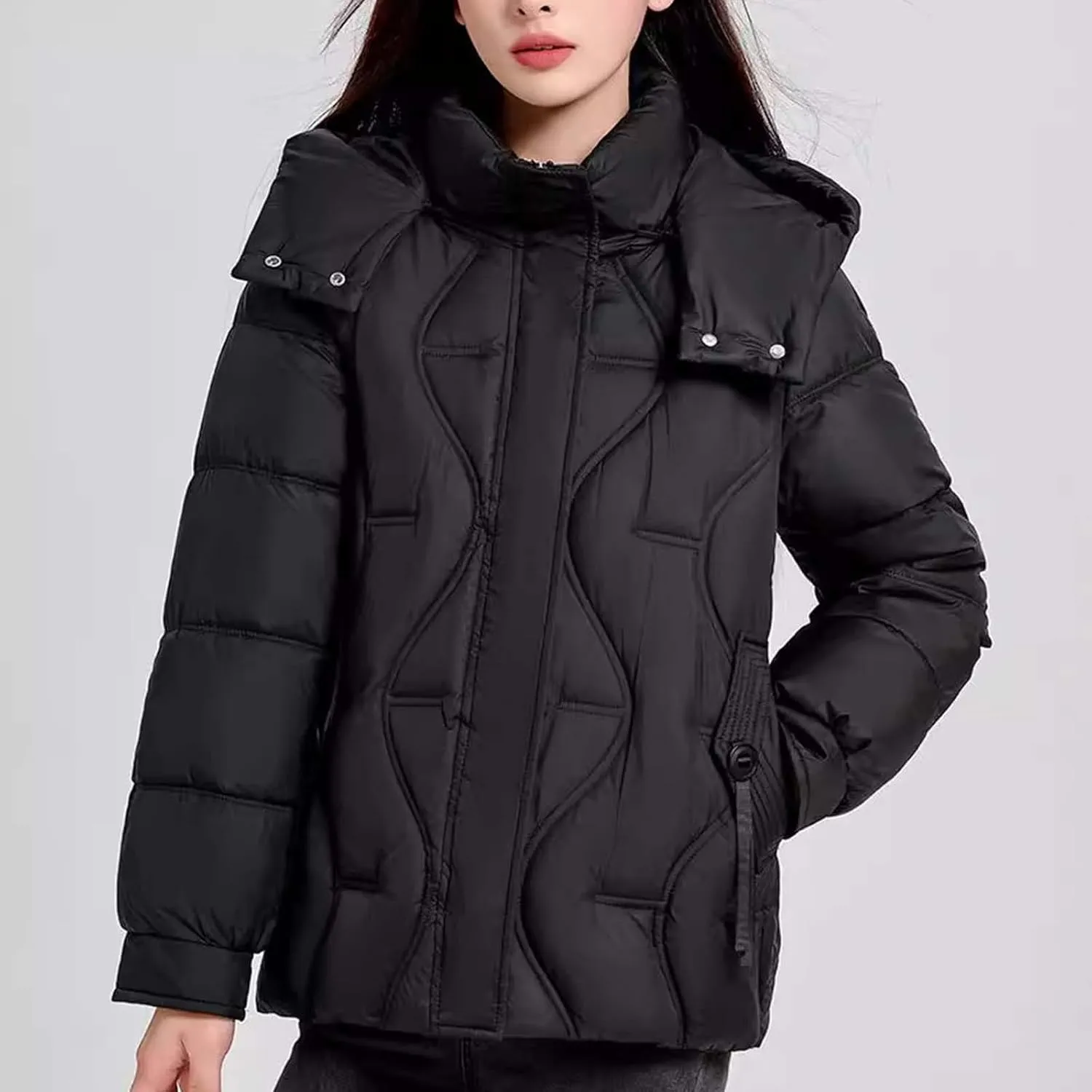 Women's Cropped Quilted Puffer Jackets Detachable Hooded Winter Coats Plus Size Down Jackets Warm Snowboard Outerwear
