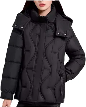 Women's Cropped Quilted Puffer Jackets Detachable Hooded Winter Coats Plus Size Down Jackets Warm Snowboard Outerwear