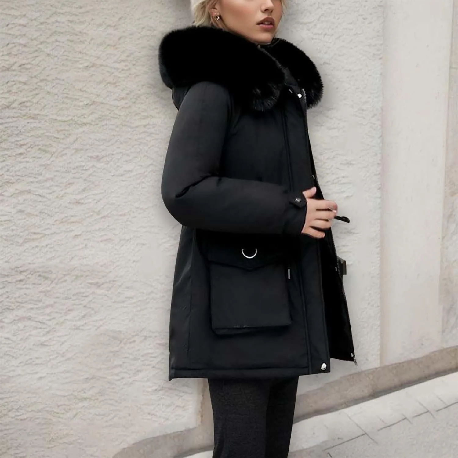 Women's Down Jacket Mid Length Thickened Quilted Puffer Jackets Padded Winter Coat Faux Fur Hood Outerwear Pockets