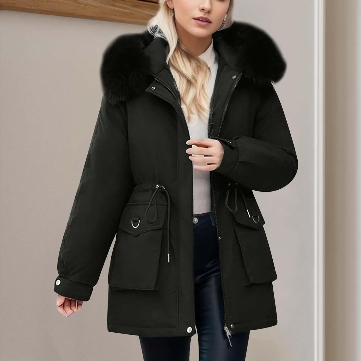 Women's Down Jacket Mid Length Thickened Quilted Puffer Jackets Padded Winter Coat Faux Fur Hood Outerwear Pockets