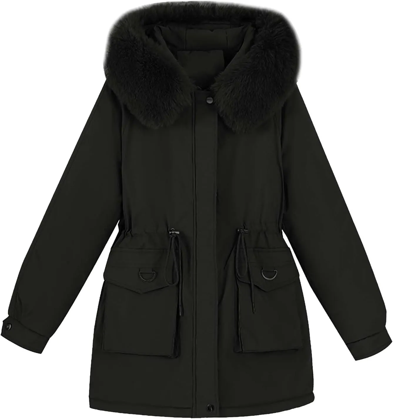 Women's Down Jacket Mid Length Thickened Quilted Puffer Jackets Padded Winter Coat Faux Fur Hood Outerwear Pockets