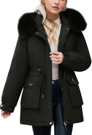 Women's Down Jacket Mid Length Thickened Quilted Puffer Jackets Padded Winter Coat Faux Fur Hood Outerwear Pockets