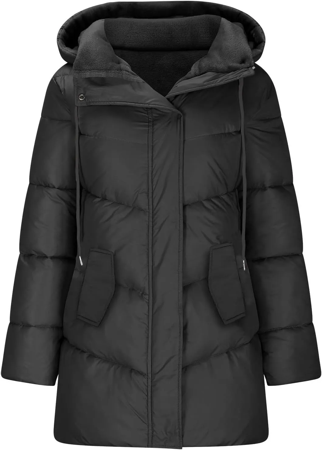 Women's Down Jackets Fleece Lined Thicken Parkas Drawstring Hooded Winter Coat Fashion Versatile Outerwear with Pockets