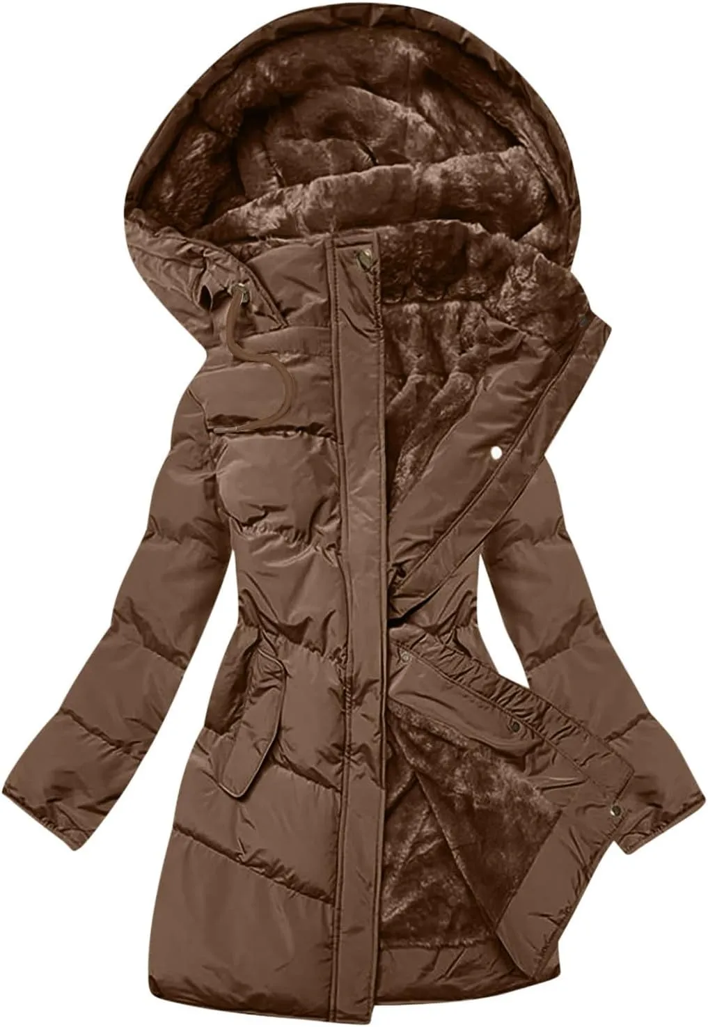 Women's Down Jackets Fleece Lined Thicken Parkas Drawstring Hooded Winter Coat Fashion Versatile Outerwear with Pockets
