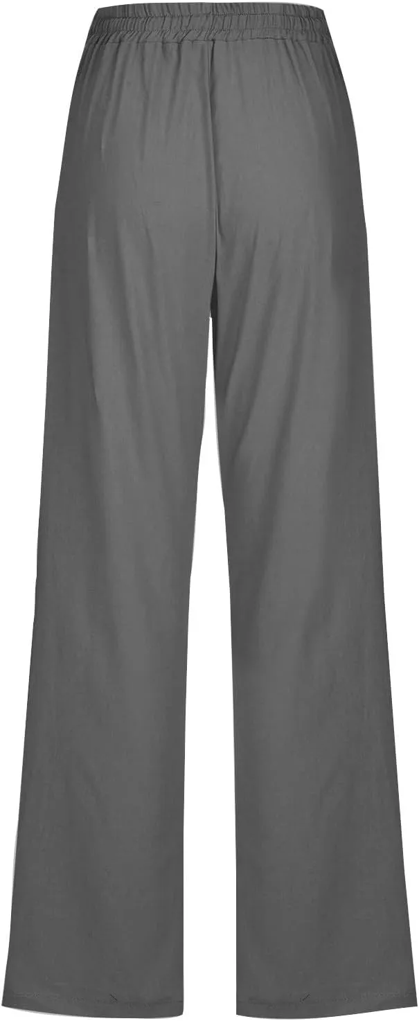 Womens Drawstring Linen Pants High Waisted Elastic Waist Pants Lightweight Straight Leg Lounge Pants Summer Pants