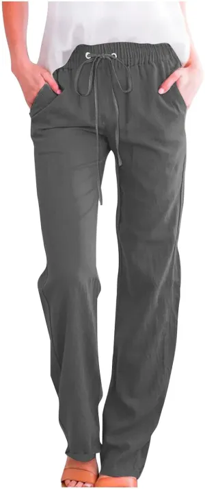 Womens Drawstring Linen Pants High Waisted Elastic Waist Pants Lightweight Straight Leg Lounge Pants Summer Pants