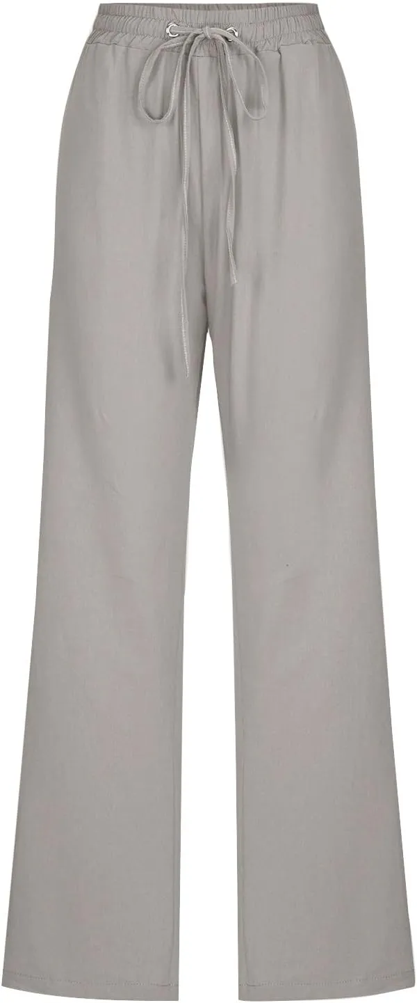 Womens Drawstring Linen Pants High Waisted Elastic Waist Pants Lightweight Straight Leg Lounge Pants Summer Pants