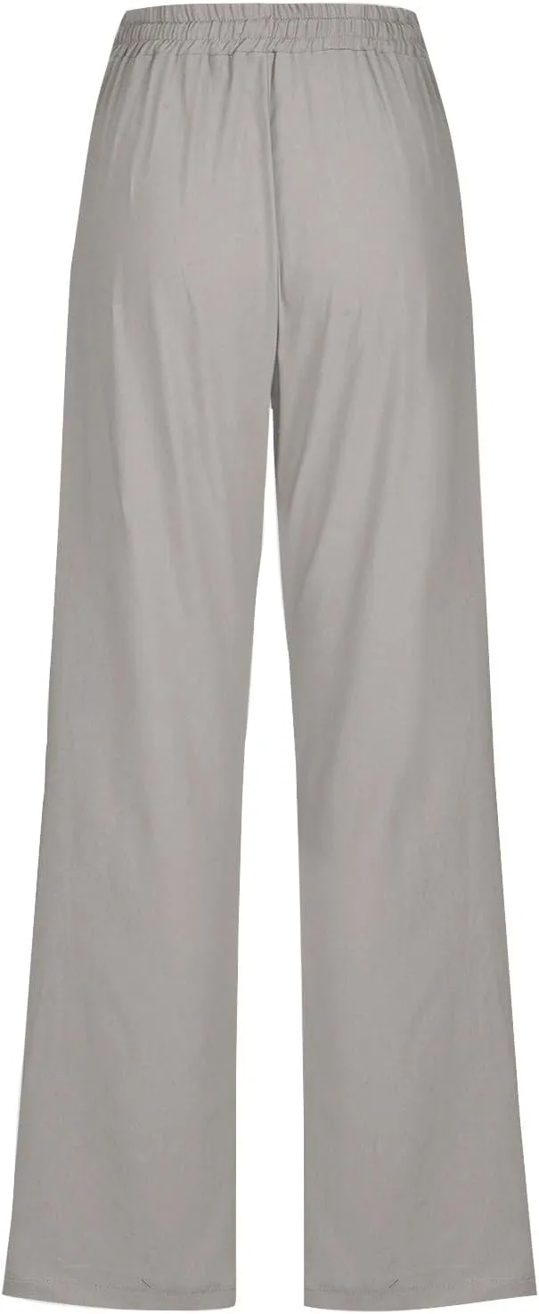 Womens Drawstring Linen Pants High Waisted Elastic Waist Pants Lightweight Straight Leg Lounge Pants Summer Pants