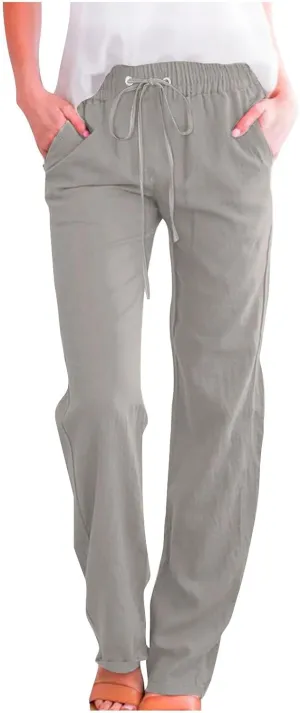 Womens Drawstring Linen Pants High Waisted Elastic Waist Pants Lightweight Straight Leg Lounge Pants Summer Pants