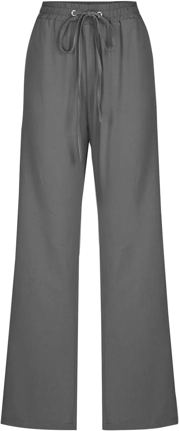 Womens Drawstring Linen Pants High Waisted Elastic Waist Pants Lightweight Straight Leg Lounge Pants Summer Pants
