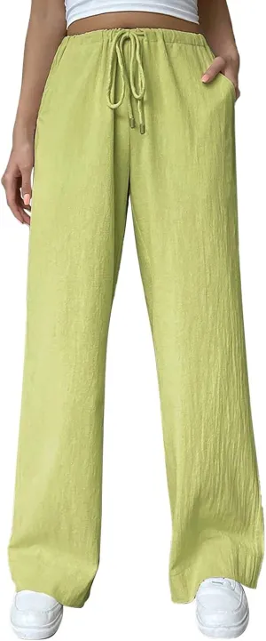 Women's Elastic High Waist Drawstring Trousers Solid Casual Straight Wide Leg Comfy Soft Loose Fittted Yoga Sweatpant