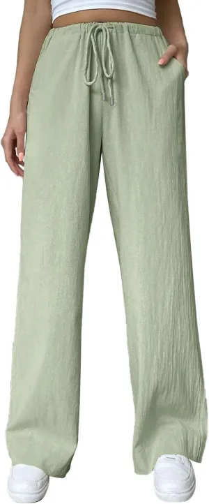 Women's Elastic High Waist Drawstring Trousers Solid Casual Straight Wide Leg Comfy Soft Loose Fittted Yoga Sweatpant